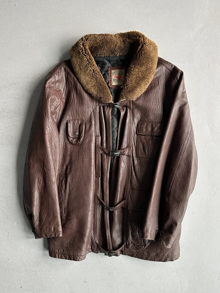 MARITHÉ + FRANÇOIS GIRBAUD X COMPAGNIE DES MONTAGNES & DES FORETS - 1980s FUR COLLAR LEATHER MIDI JACKET WITH METAL HOOKS FRONT CLOSURE