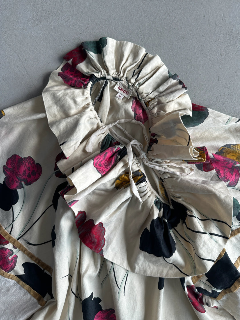KENZO - 1990s FLORAL PRINT RUFFLED COLLAR SHORT SLEEVE TOP