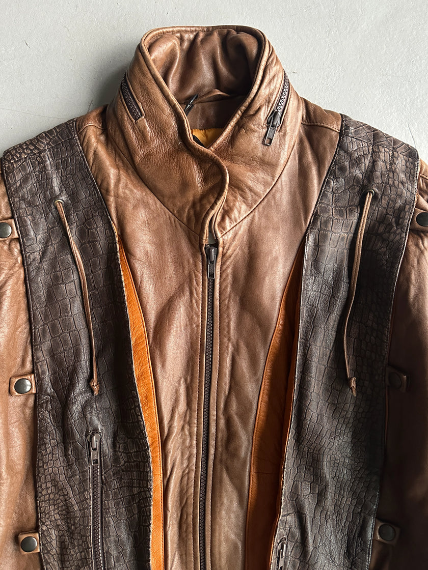 1990s PANELED BOMBER LEATHER JACKET WITH CROCODILE PRINT YOKE