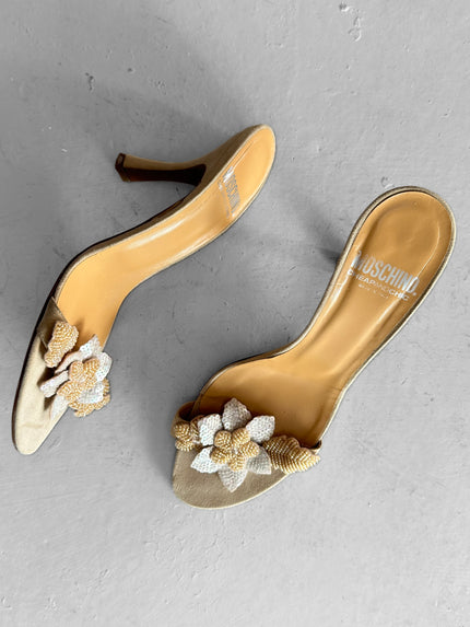 MOSCHINO - 1990s SUEDE SLIP ON HEELS WITH BEADED FLORAL APPLIQUÉ