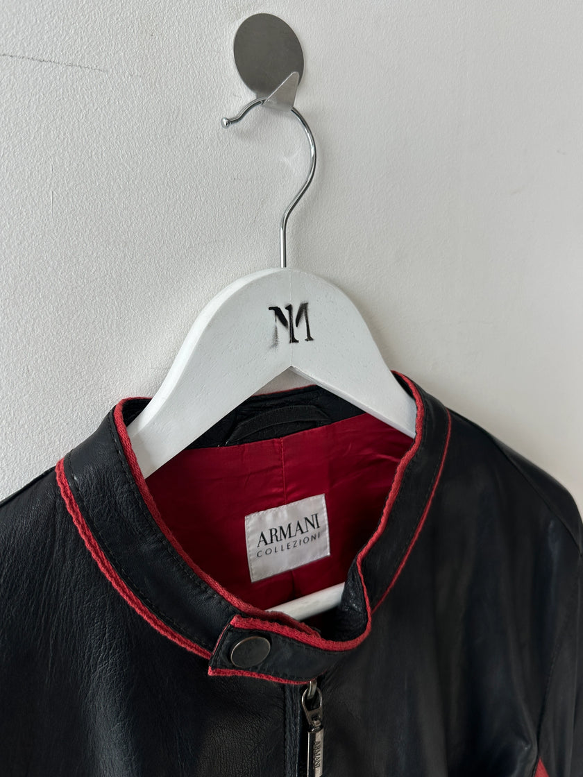 ARMANI COLLEZIONI - 1990s BIKER LEATHER JACKET WITH CURVED SLEEVE