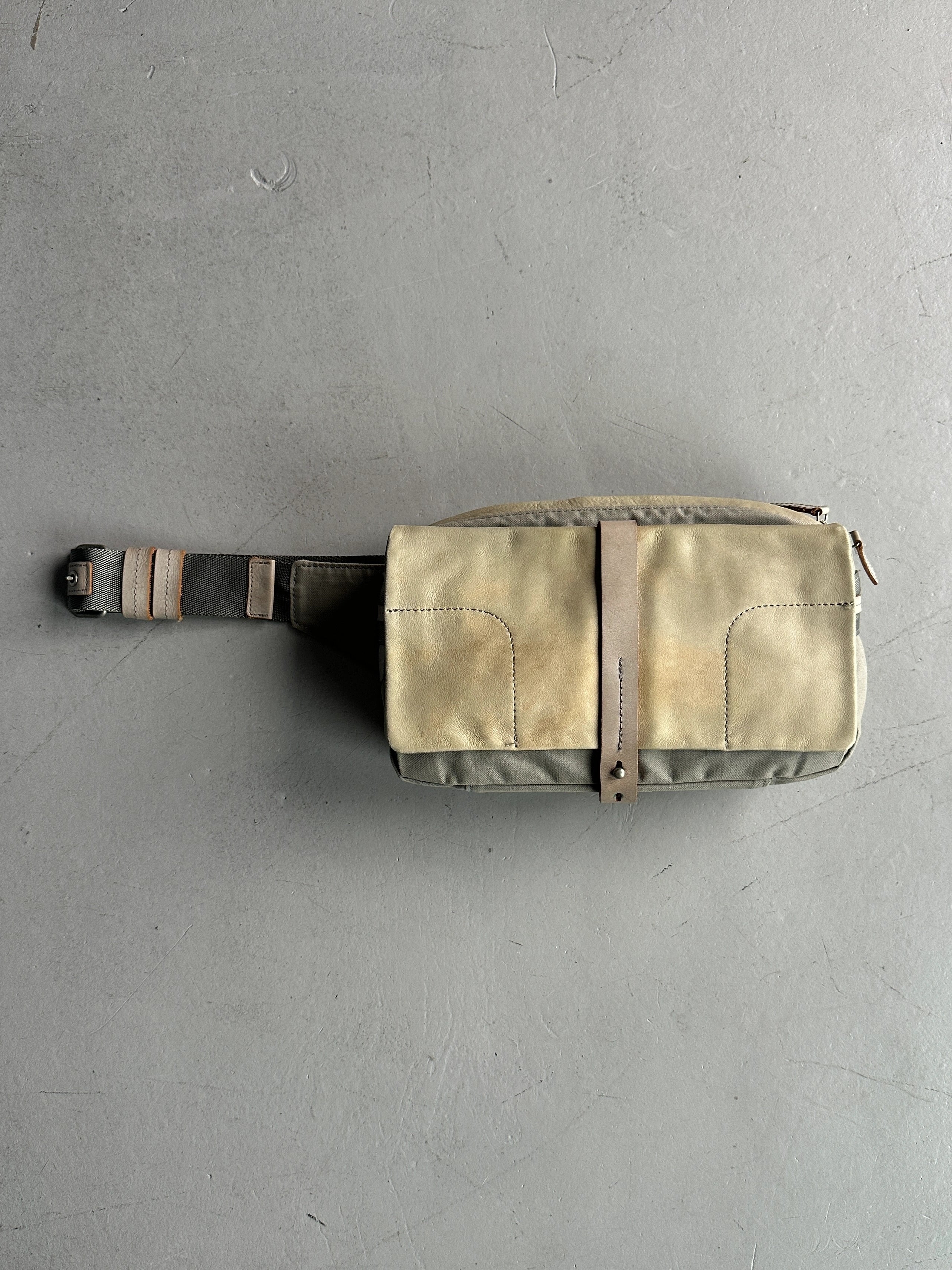 YOHJI YAMAMOTO Y'SACCS - 1990s RECTANGULAR BUM BAG WITH DISTRESSED LEATHER FRONT PANEL