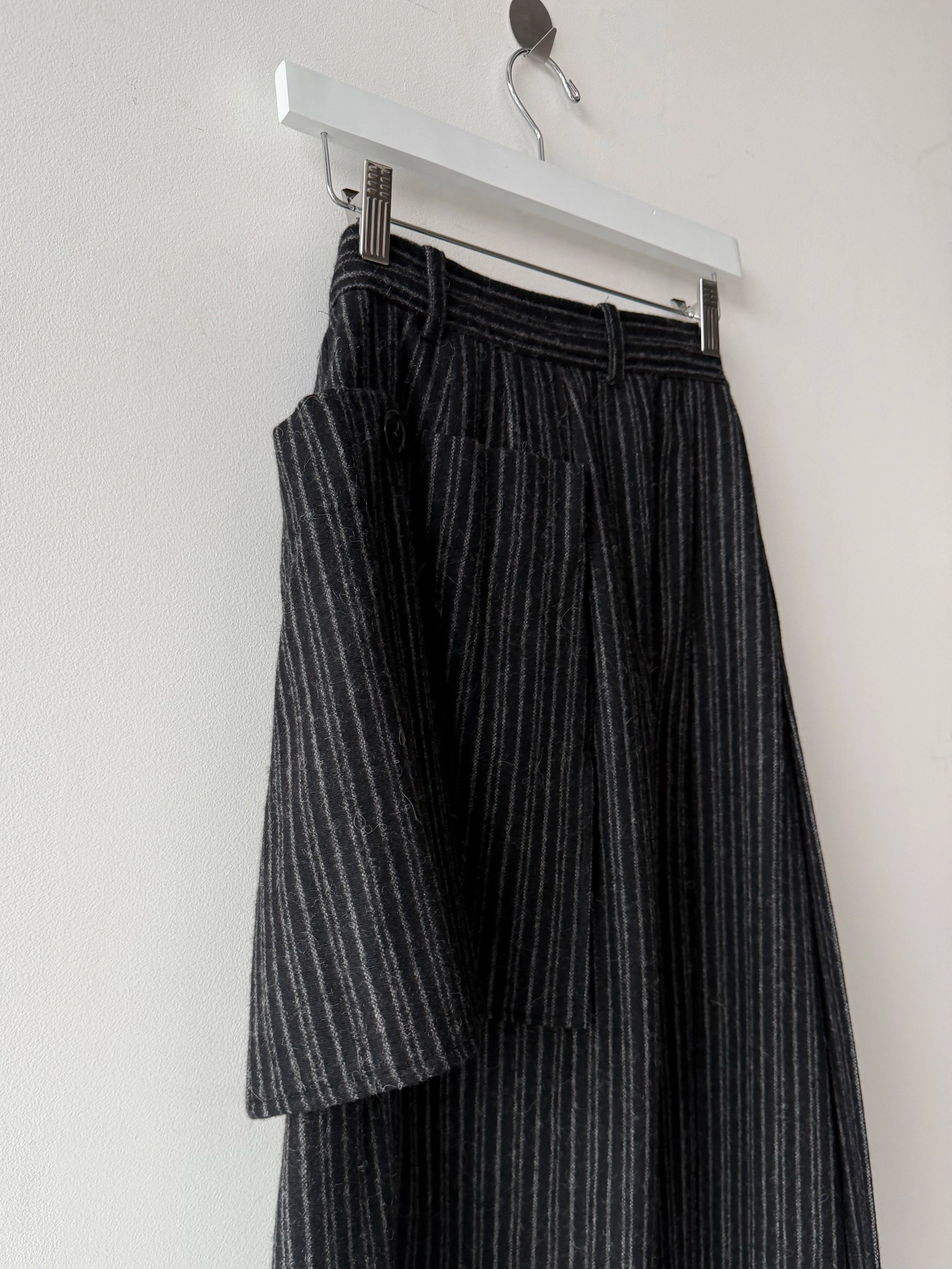 ISSEY MIYAKE HAI - 1980s PLEATED PINSTRIPED MAXI WOOL SKIRT WITH OVERSIZED POCKET