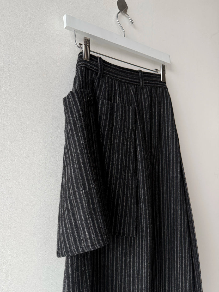 ISSEY MIYAKE HAI - 1980s PLEATED PINSTRIPED MAXI WOOL SKIRT WITH OVERSIZED POCKET
