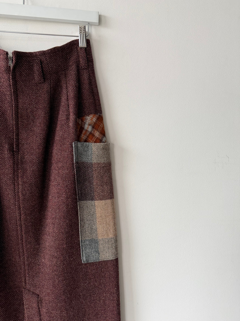 ISSEY MIYAKE HAI - 1980s MAXI WOOL SKIRT WITH CONTRASTING PLAID OVERSIZED POCKETS