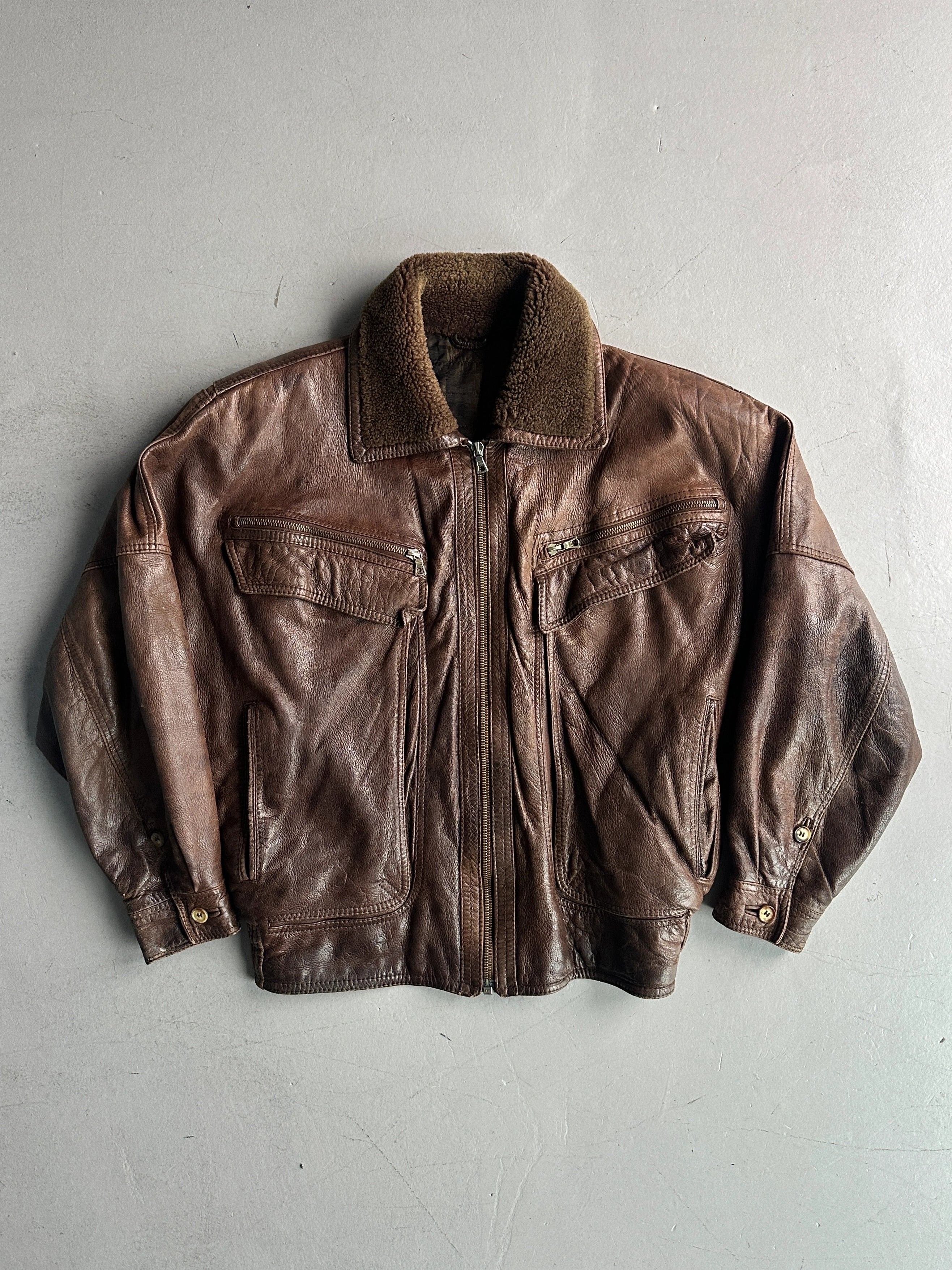 GIANNI VERSACE - 1980s LEATHER AVIATOR BOMBER JACKET WITH SHEARLING COLLAR