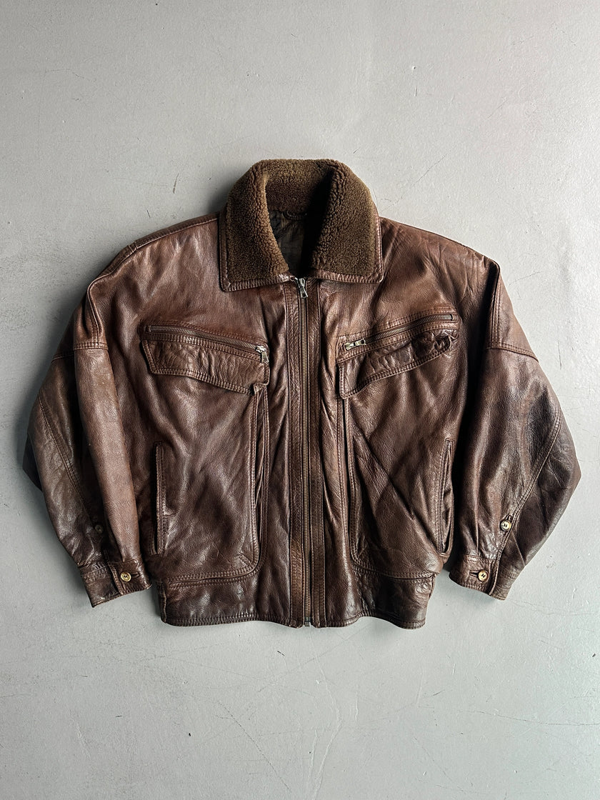GIANNI VERSACE - 1980s LEATHER AVIATOR BOMBER JACKET WITH SHEARLING COLLAR