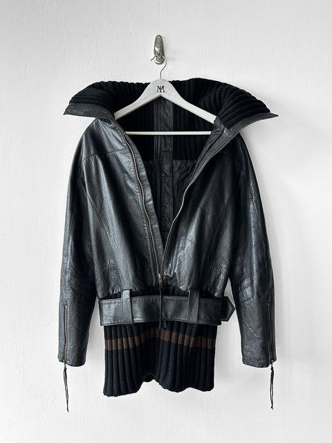 JAPANESE LABEL - late 1990s LEATHER JACKET WITH KNITTED HEM AND ZIP AT BACK