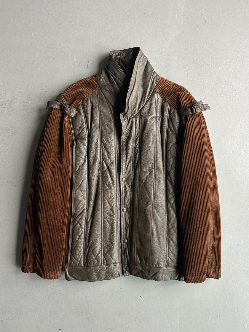 1980s OVERSIZED LEATHER BOMBER JACKET WITH CORDUROY SLEEVE