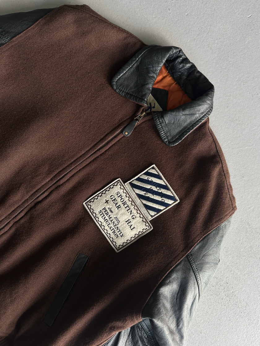 ISSEY MIYAKE HAI - A/W 1993 BOMBER JACKET WITH CONTRASTING LEATHER SLEEVE AND COLLAR