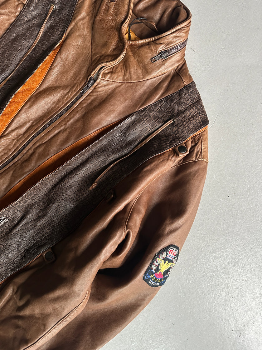 1990s PANELED BOMBER LEATHER JACKET WITH CROCODILE PRINT YOKE
