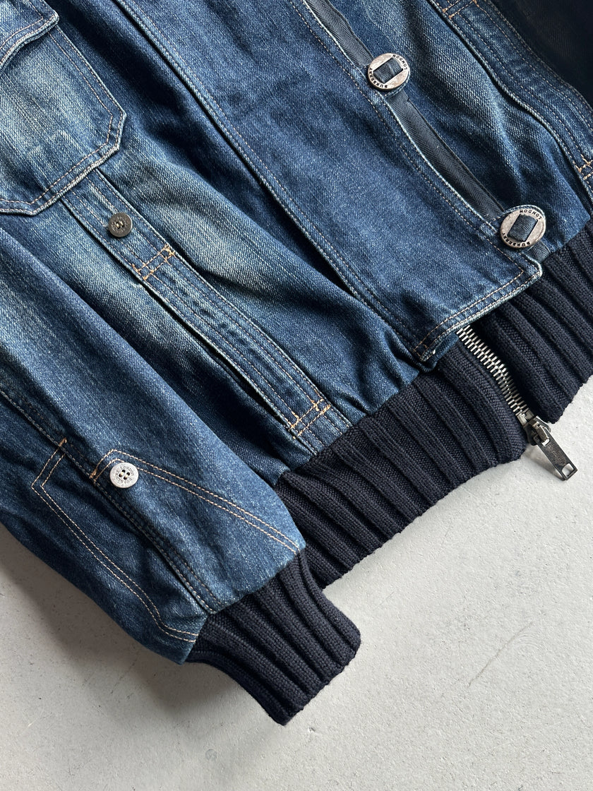 BURBERRY - 2000s DENIM BOMBER JACKET WITH KNITTED DETAILS