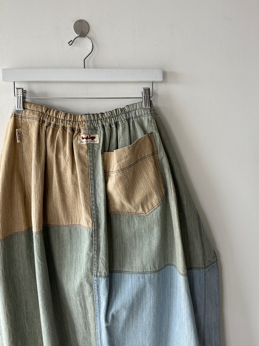 ISSEY MIYAKE HAI - 1980s PATCHWORK DENIM MAXI WRAP SKIRT