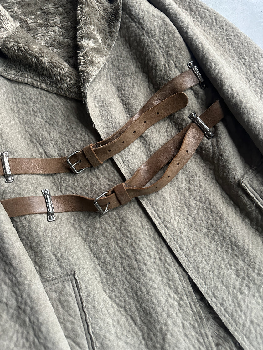 COP COPINE - 2000s RELAXED TEXTURED COAT WITH DOUBLE CROSSED LEATHER BELT