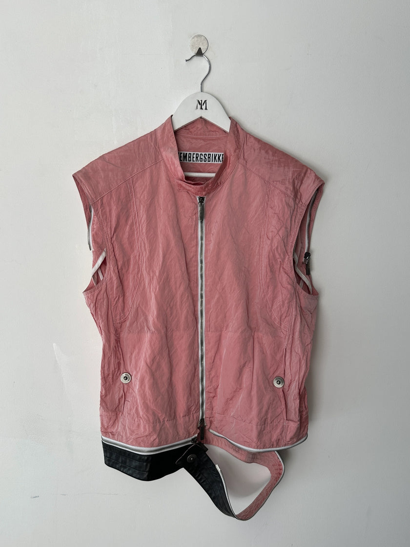 BIKKEMBERGS - early 2000s 2 IN 1 NYLON JACKET GILET WITH ZIP OFF LEATHER HEM PANEL