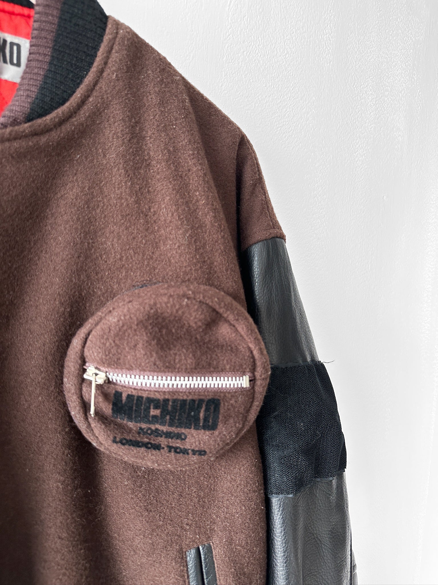 MICHIKO KOSHINO - 1990s BOMBER JACKET WITH CONTRASTING SLEEVE AND DETACHABLE POUCH POCKET