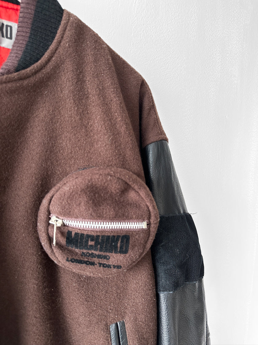 MICHIKO KOSHINO - 1990s BOMBER JACKET WITH CONTRASTING SLEEVE AND DETACHABLE POUCH POCKET
