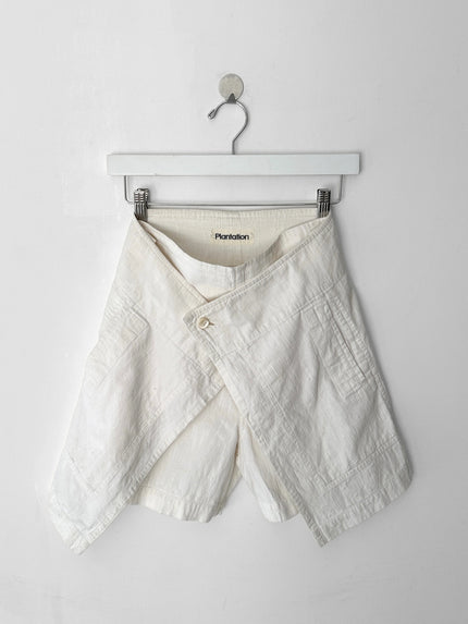 ISSEY MIYAKE PLANTATION - 1990s LINEN WRAP FRONT PANEL SHORTS