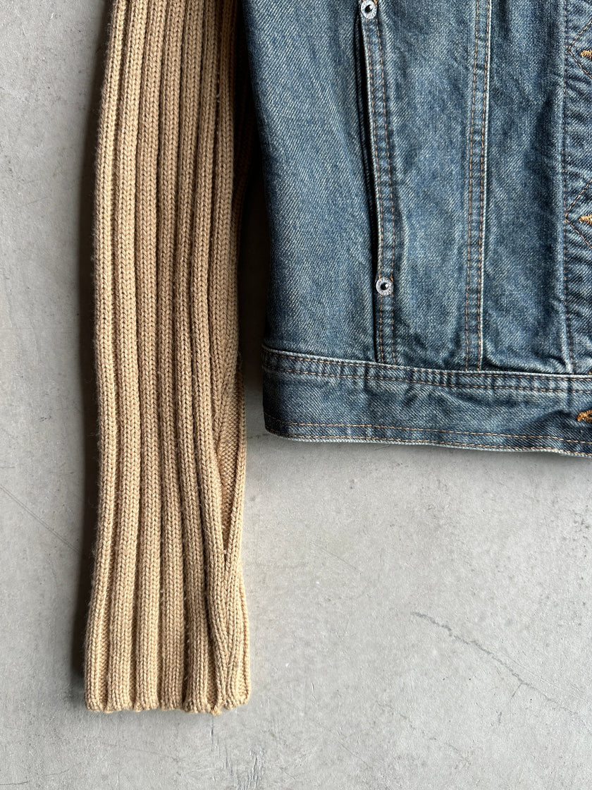 MOSCHINO - 2000s DENIM JACKET WITH KNITTED SLEEVE AND BACK