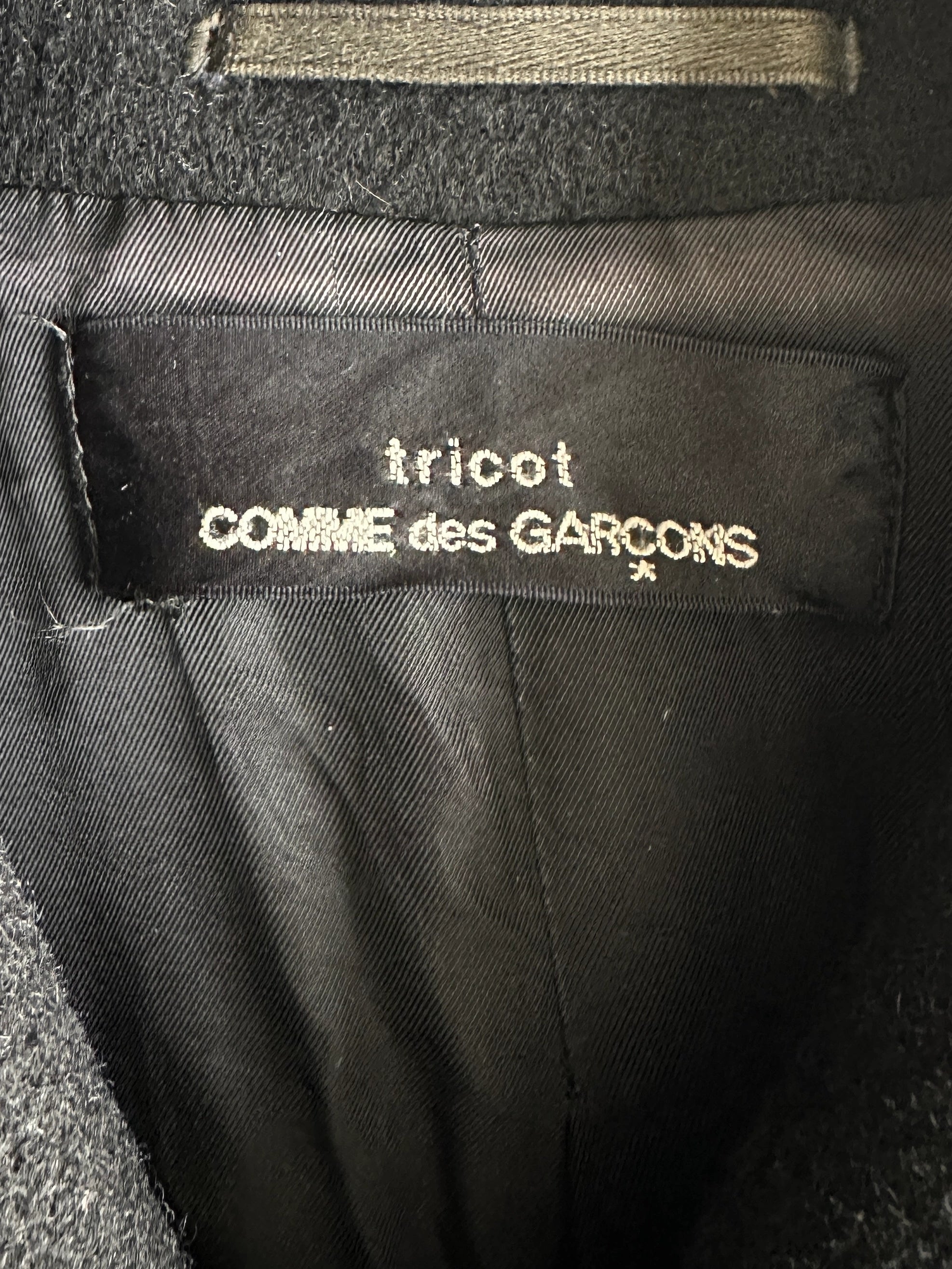 COMME DES GARÇONS TRICOT - A/W 1992 WOOL COAT WITH LEATHER FRONT STRINGS