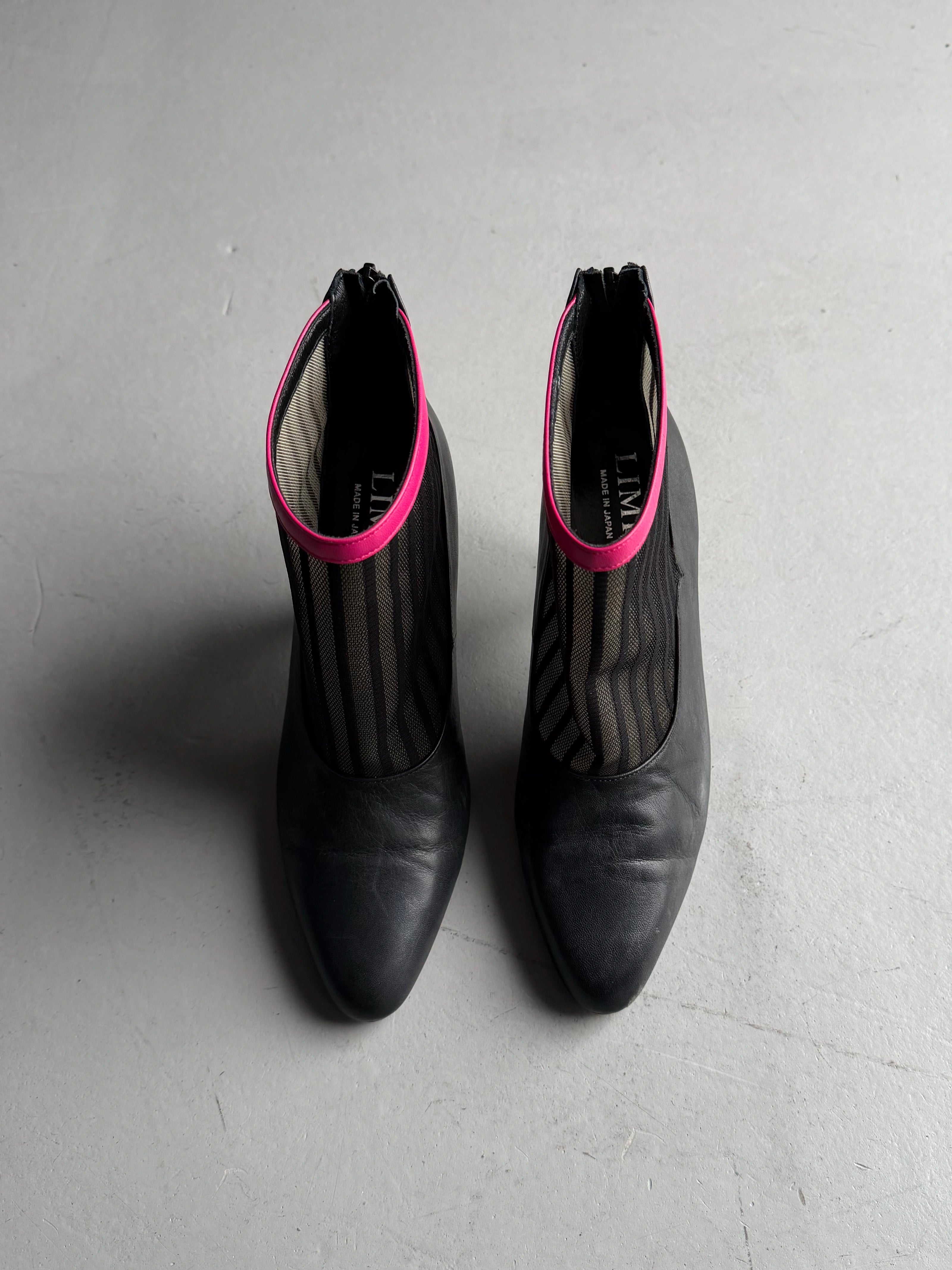 LIMI FEU BY LIMI YAMAMOTO - 2000s LEATHER ANKLE BOOTS WITH SHEER MESH PANEL