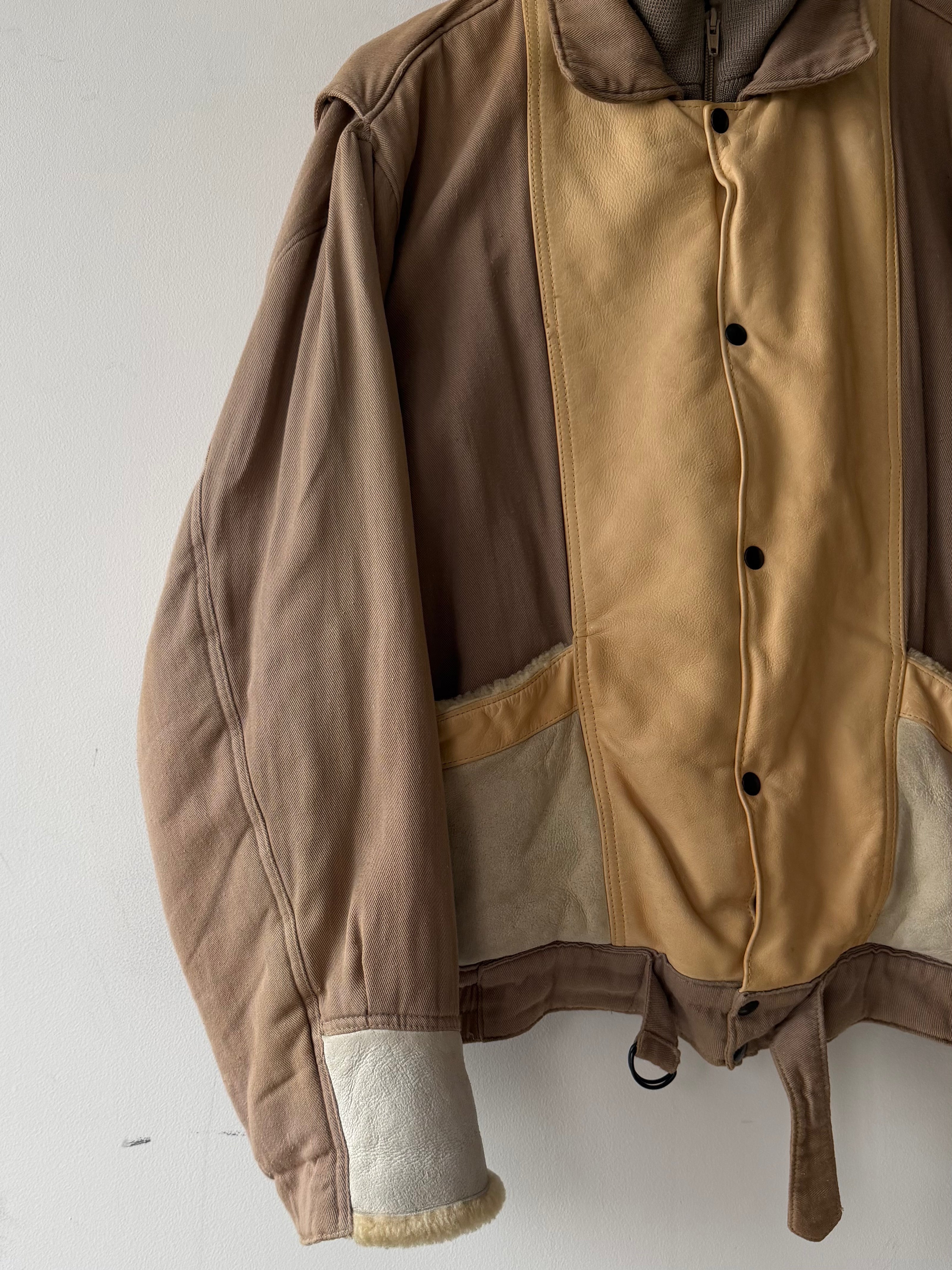 ITALIAN LABEL 1980s LAYERED JACKET WITH LEATHER FRONT AND SHEARLING POCKET AND CUFFS