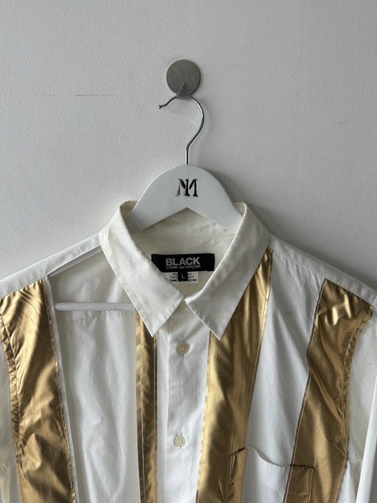 COMME DES GARÇONS BLACK - S/S 2018 LONG SLEEVE SHIRT WITH GOLD FOIL PANELS AND CUT OUTS FRONT