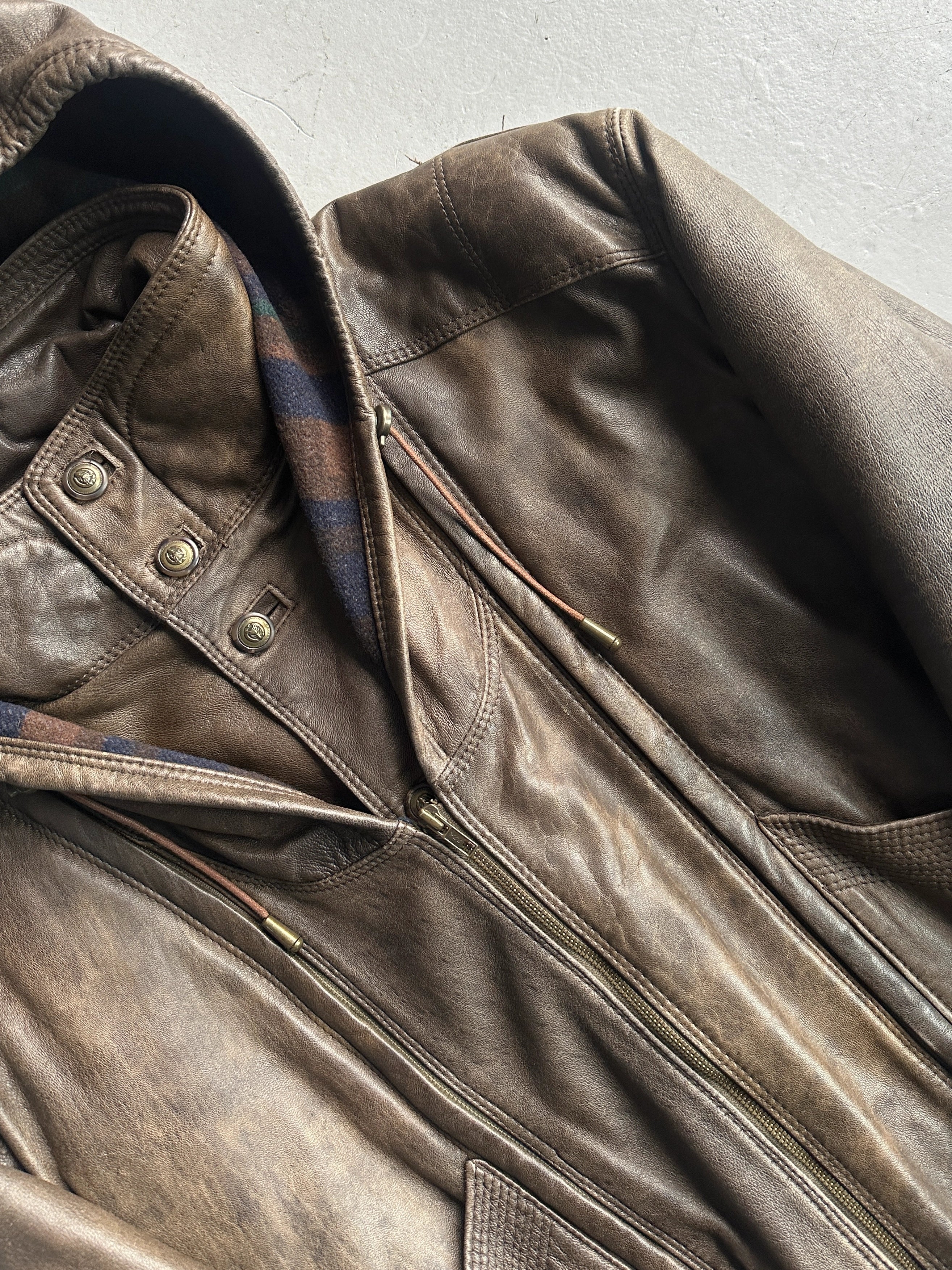 ITALIAN LABEL 1980s LAYERED LEATHER JACKET WITH REMOVABLE HOOD PANEL