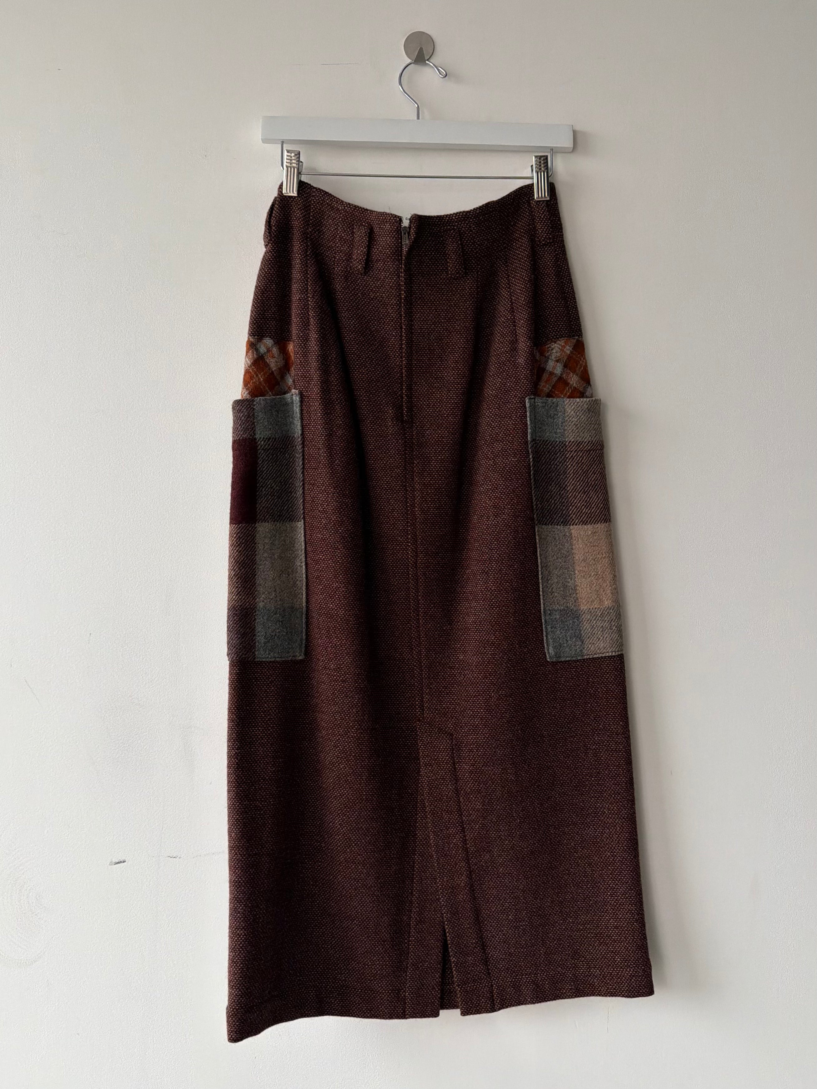 ISSEY MIYAKE HAI - 1980s MAXI WOOL SKIRT WITH CONTRASTING PLAID OVERSIZED POCKETS