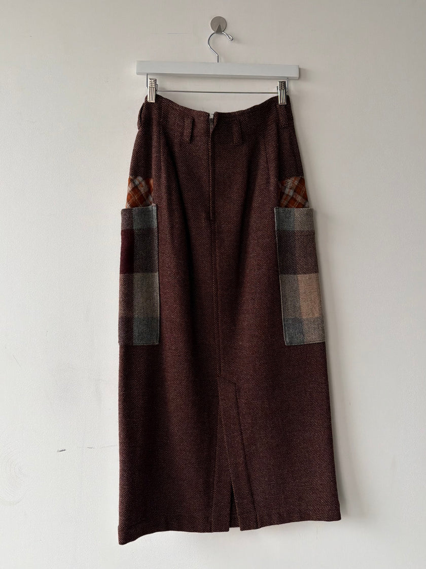 ISSEY MIYAKE HAI - 1980s MAXI WOOL SKIRT WITH CONTRASTING PLAID OVERSIZED POCKETS