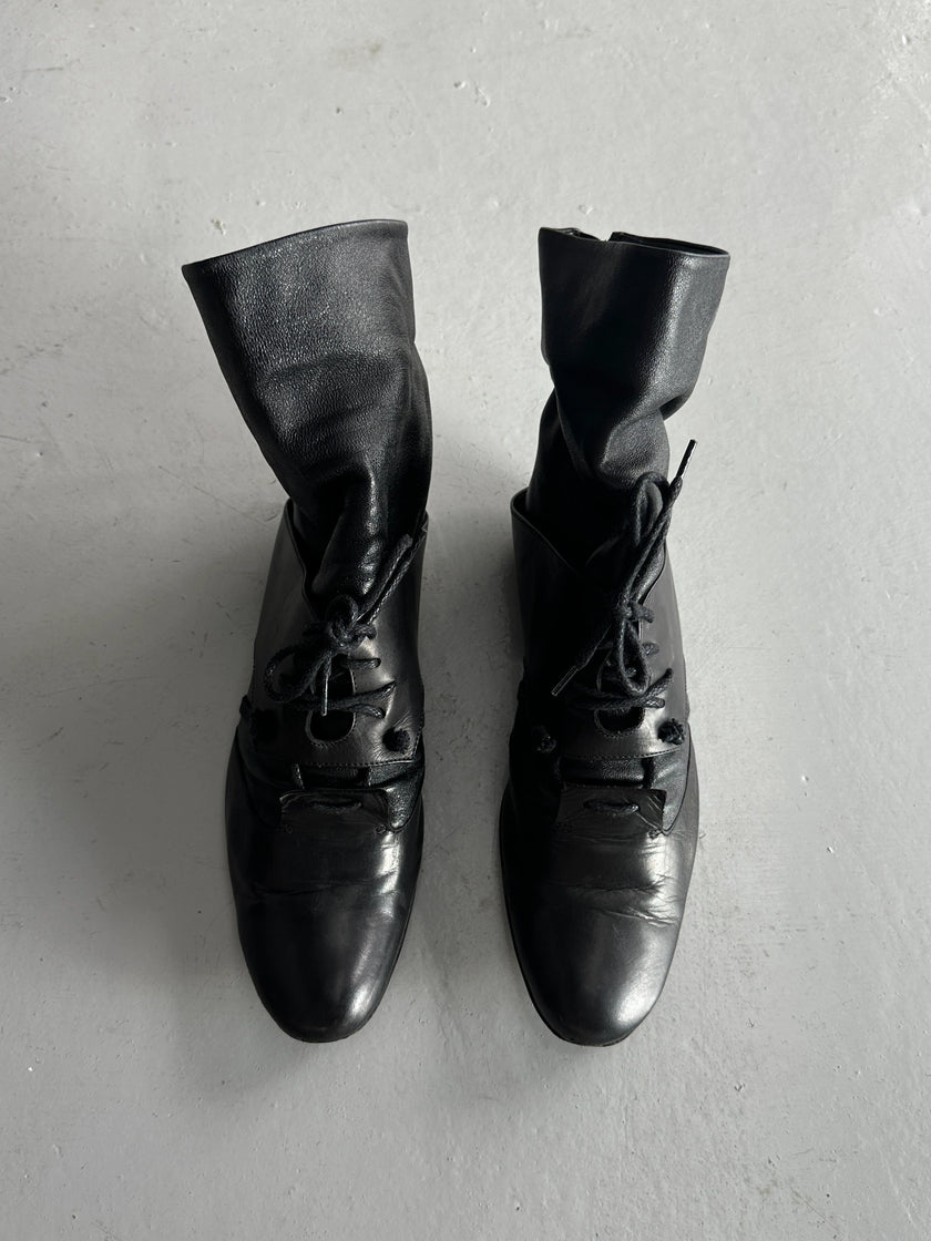 MARITHÉ + FRANÇOIS GIRBAUD - early 2000s SOFT LEATHER ANKLE BOOTS WITH LACE WRAPAROUND DETAILING