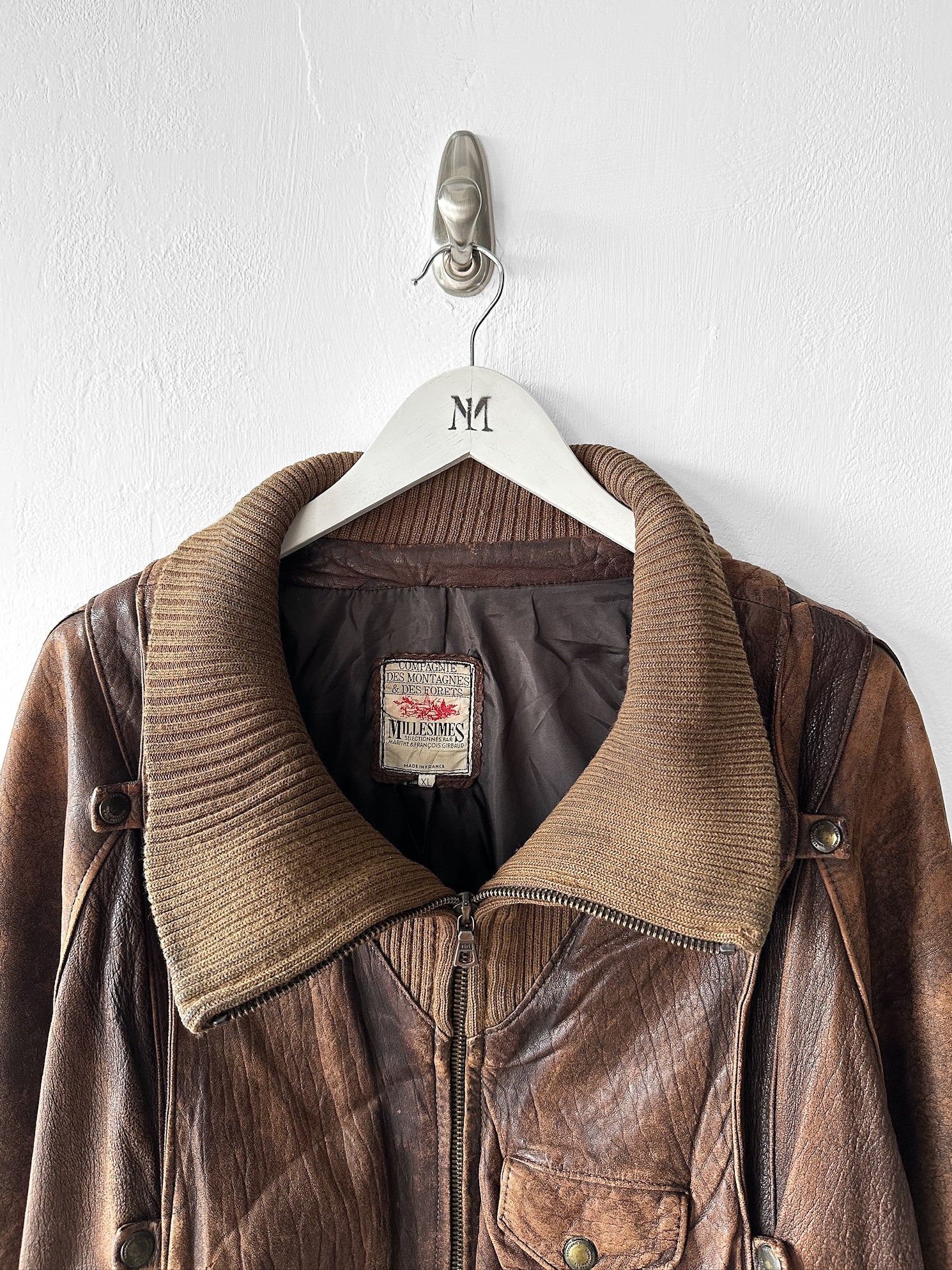 MARITHÉ & FRANÇOIS GIRBAUD X COMPAGNIE DES MONTAGNES & DES FORÊTS - 1980s DISTRESSED LEATHER BOMBER JACKET WITH HIGH RIBBED NECK