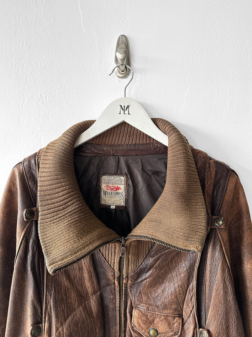 MARITHÉ & FRANÇOIS GIRBAUD X COMPAGNIE DES MONTAGNES & DES FORÊTS - 1980s DISTRESSED LEATHER BOMBER JACKET WITH HIGH RIBBED NECK