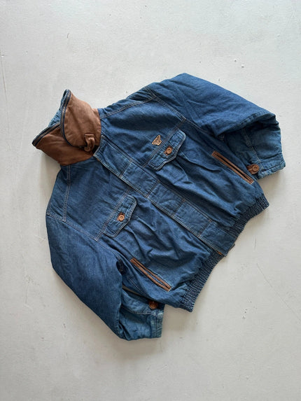 EMPORIO ARMANI 1980s DENIM AVIATOR JACKET WITH SHEARLING INTERIOR