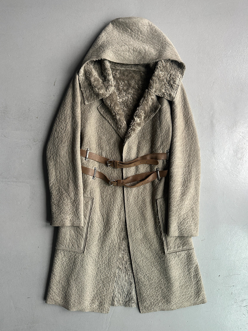 COP COPINE - 2000s RELAXED TEXTURED COAT WITH DOUBLE CROSSED LEATHER BELT