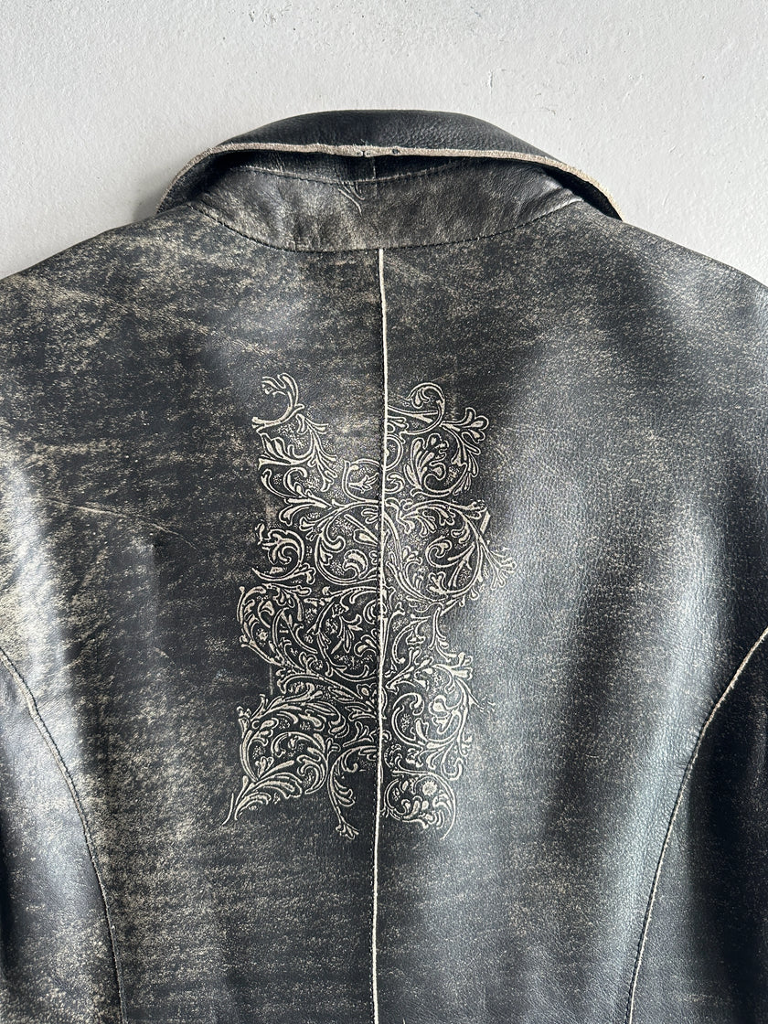 ARMANI JEANS - 1990s DISTRESSED LEATHER ORNAMENTAL PRINTS JACKET