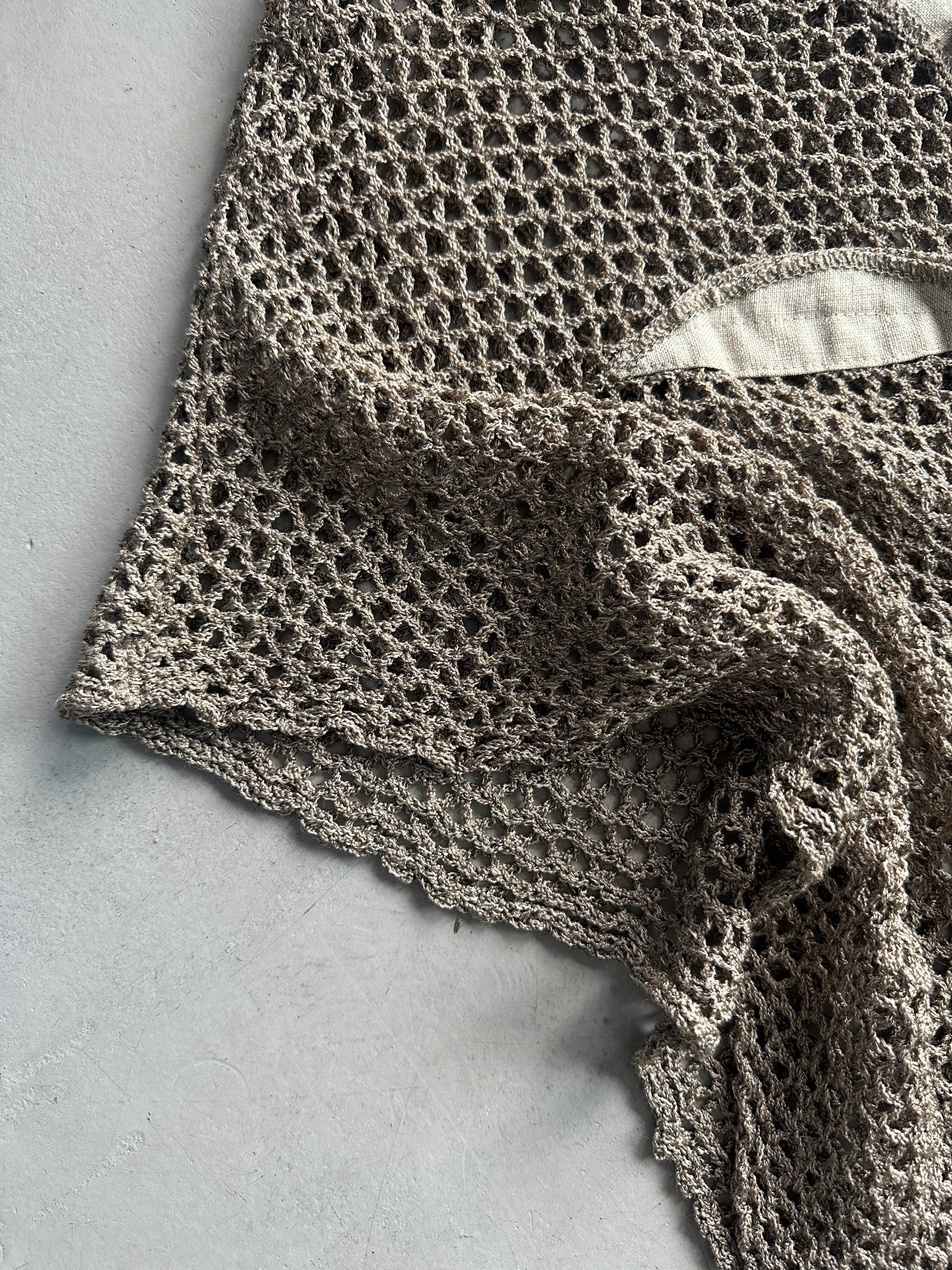 1990s OPEN KNIT HOODED CARDIGAN WITH LINEN DETAILS