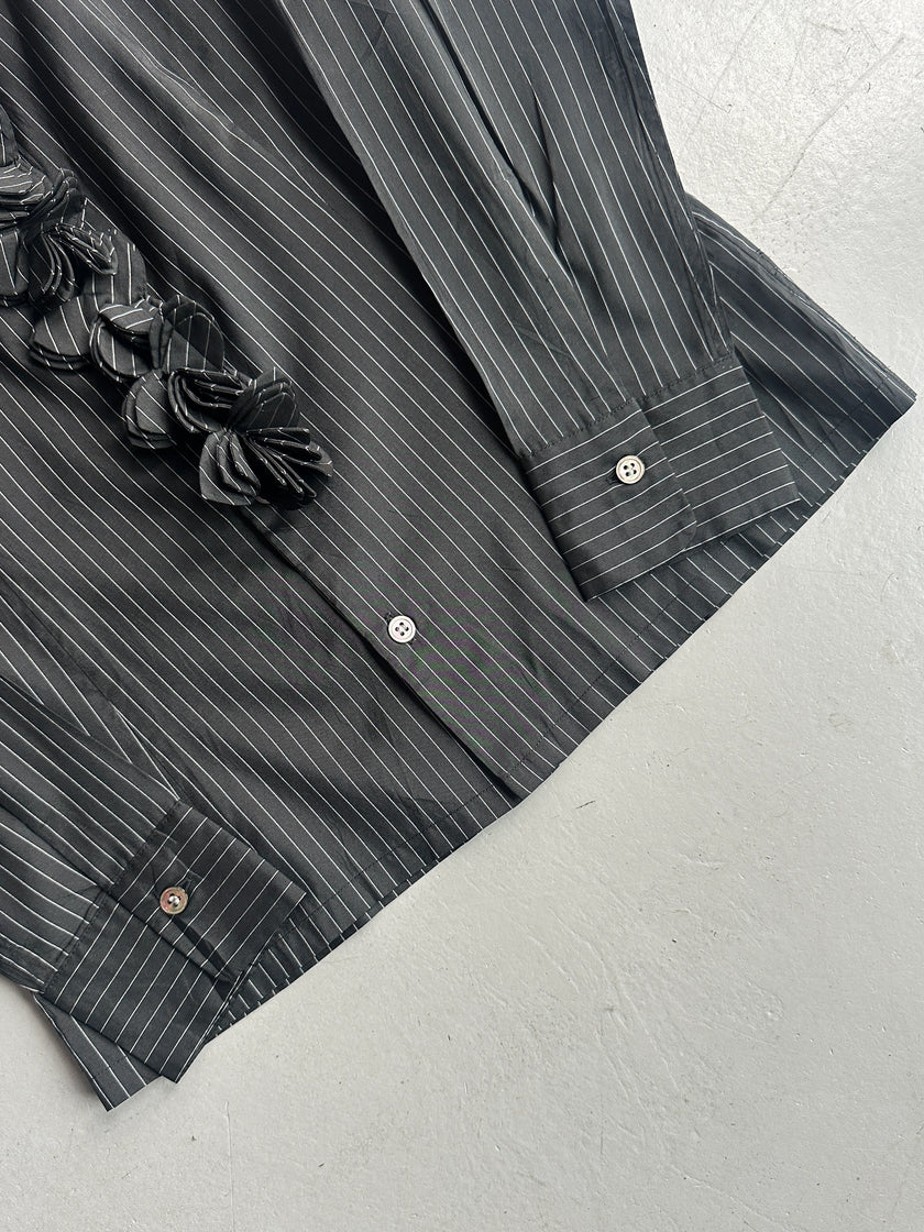 YOHJI YAMAMOTO - S/S 2003 PINSTRIPED SILK SHIRT WITH FLORAL RUFFLE DETAIL AT FRONT