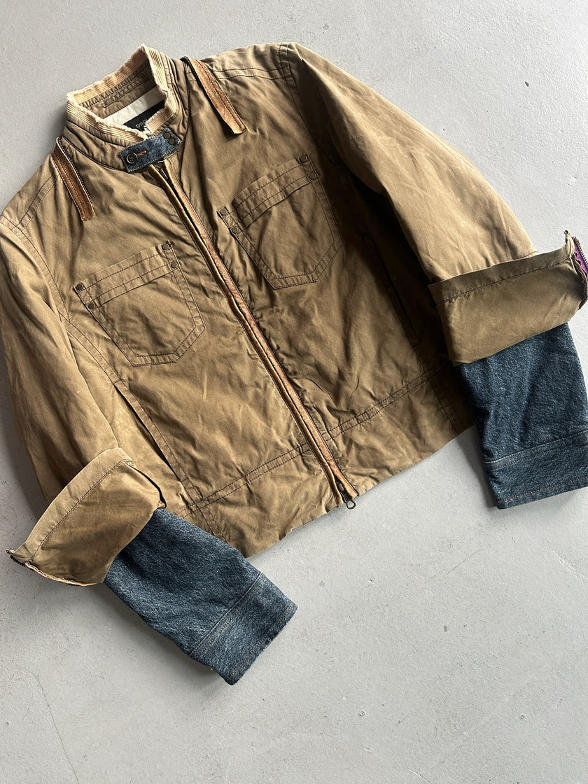 DSQUARED2 - F/W 2002 HOMELESS COLLECTION LAYERED DENIM SLEEVE JACKET WITH LEATHER DETAILS