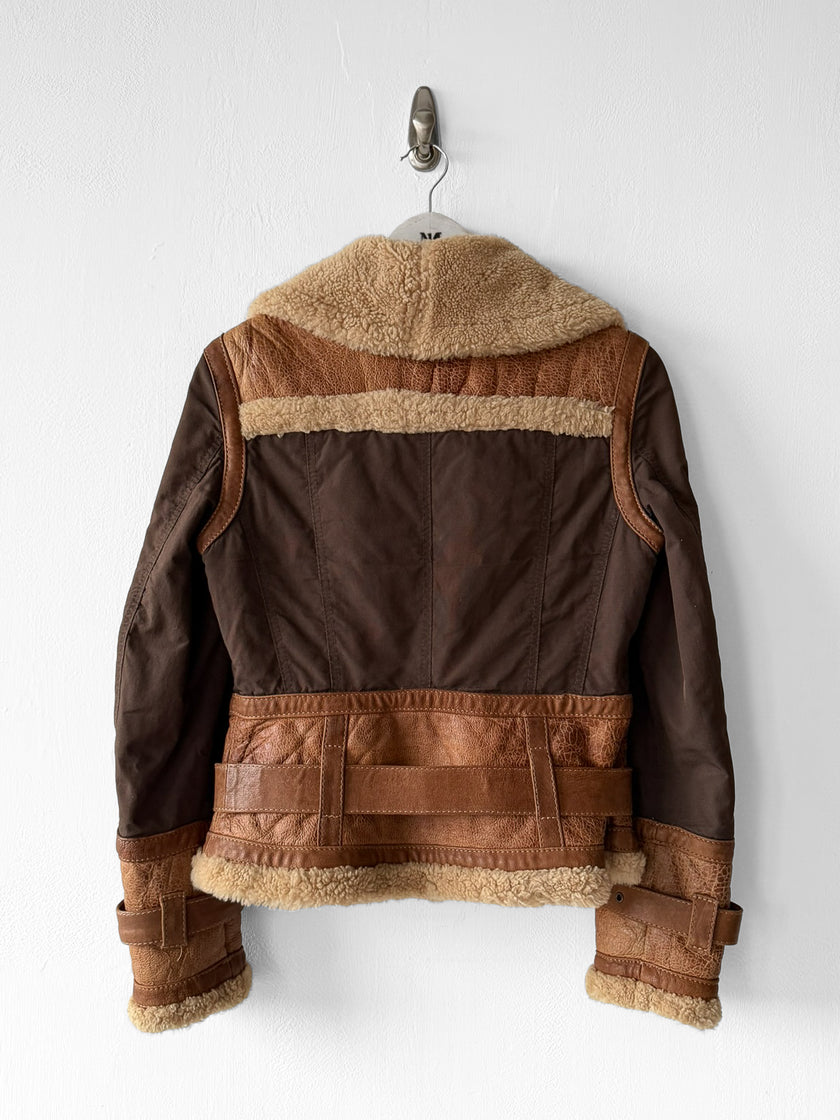 ITALIAN LABEL 1980s PANELLED JACKET WITH LEATHER PANELS AND SHEARLING COLLAR AND TRIMS