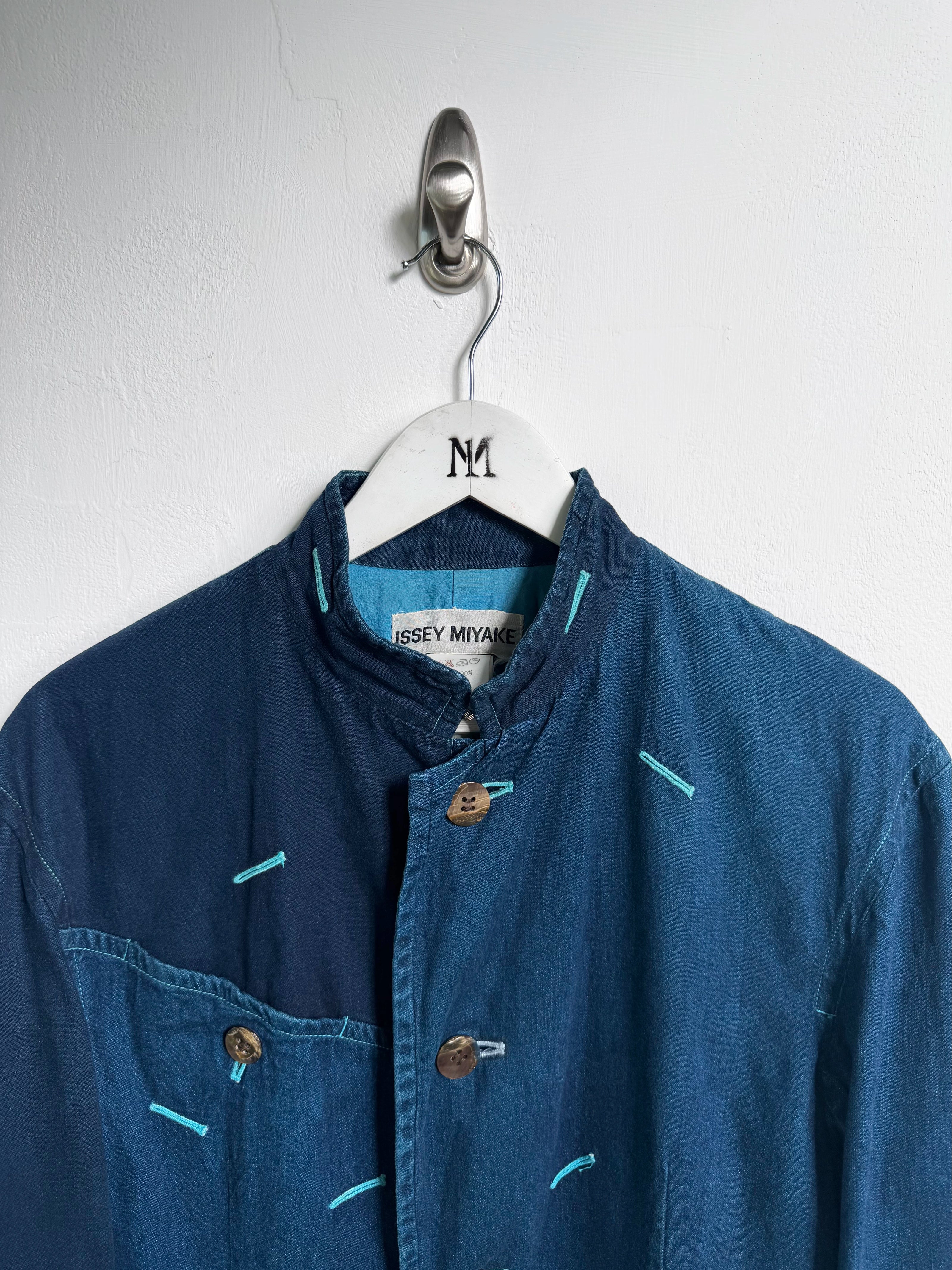 ISSEY MIYAKE - F/W 1993 PANELED DENIM JACKET WITH CONTRAST EMBROIDERED DETAILS ALL OVER