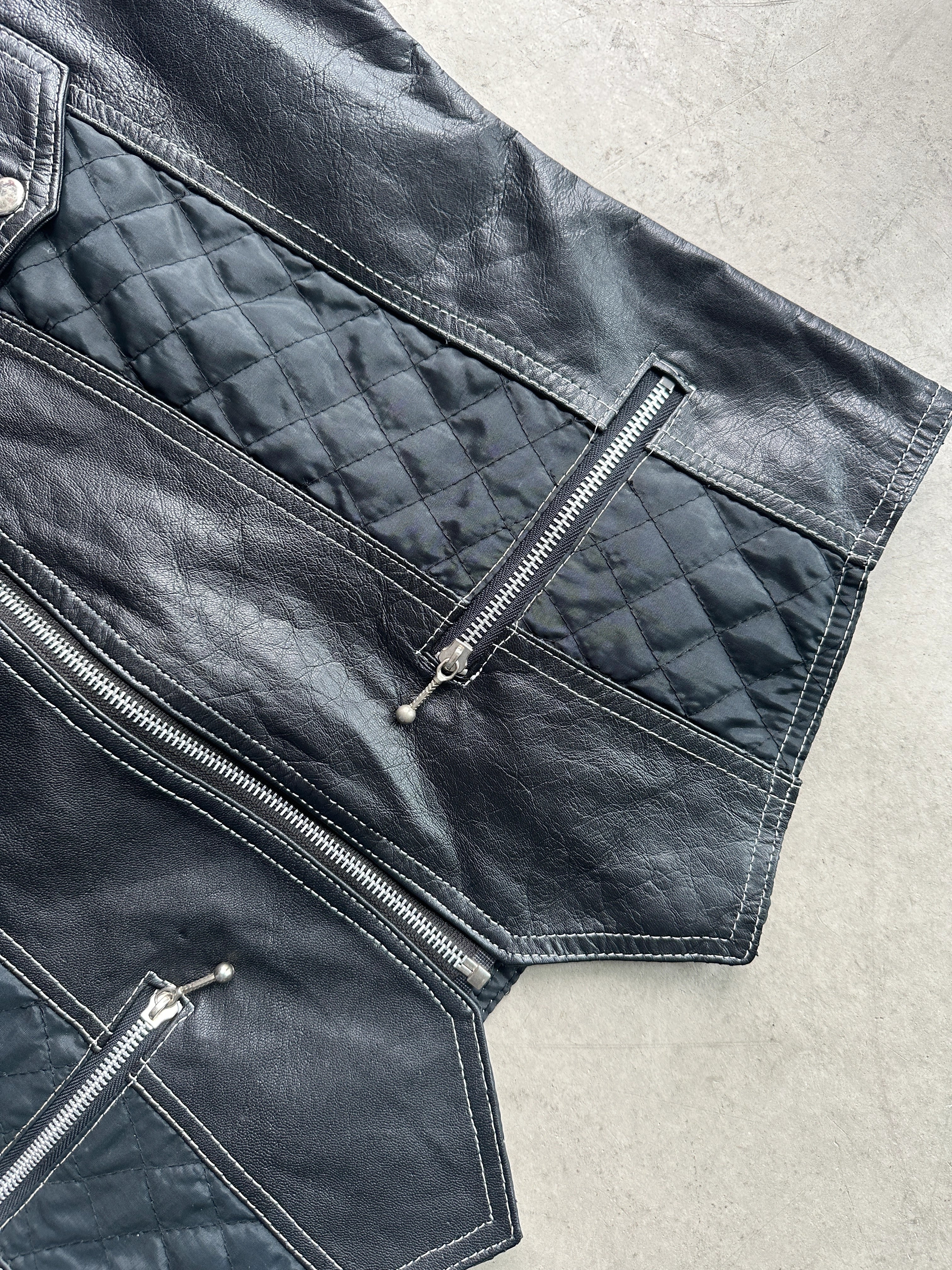 1990s LEATHER VEST GILET WITH NYLON DETAILS AT FRONT AND BACK