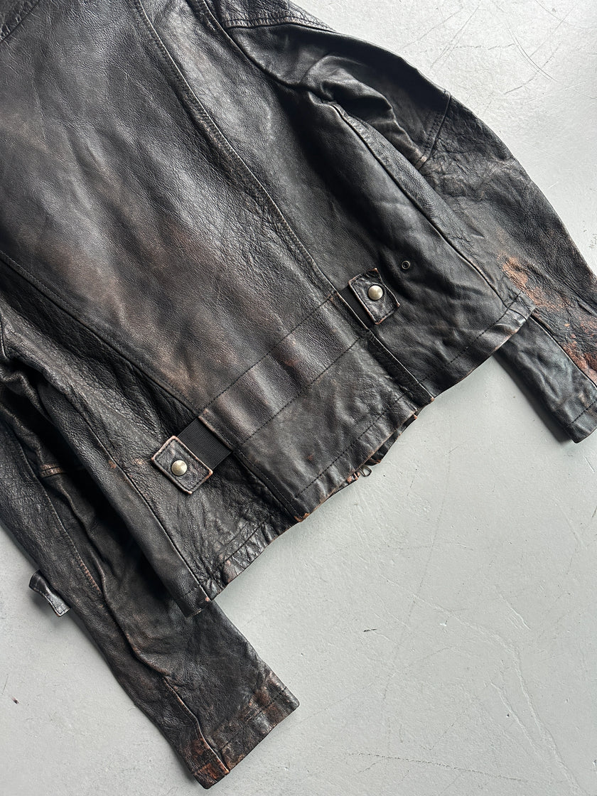ITALIAN LABEL early 2000s DISTRESSED LEATHER JACKET WITH BONDAGE SLEEVE