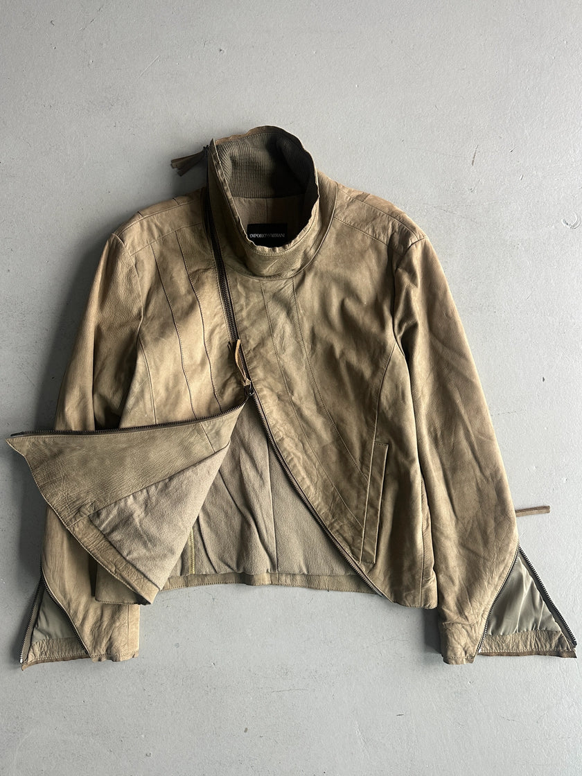 EMPORIO ARMANI - A/W 2011 ASYMMETRICAL ZIP FUNNEL NECK COLLAR CALF LEATHER JACKET