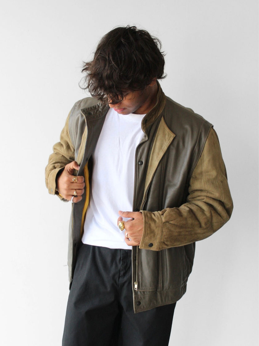 LOUIS FÉRAUD - 1980s CONTRASTING GREEN LAYERED LEATHER JACKET