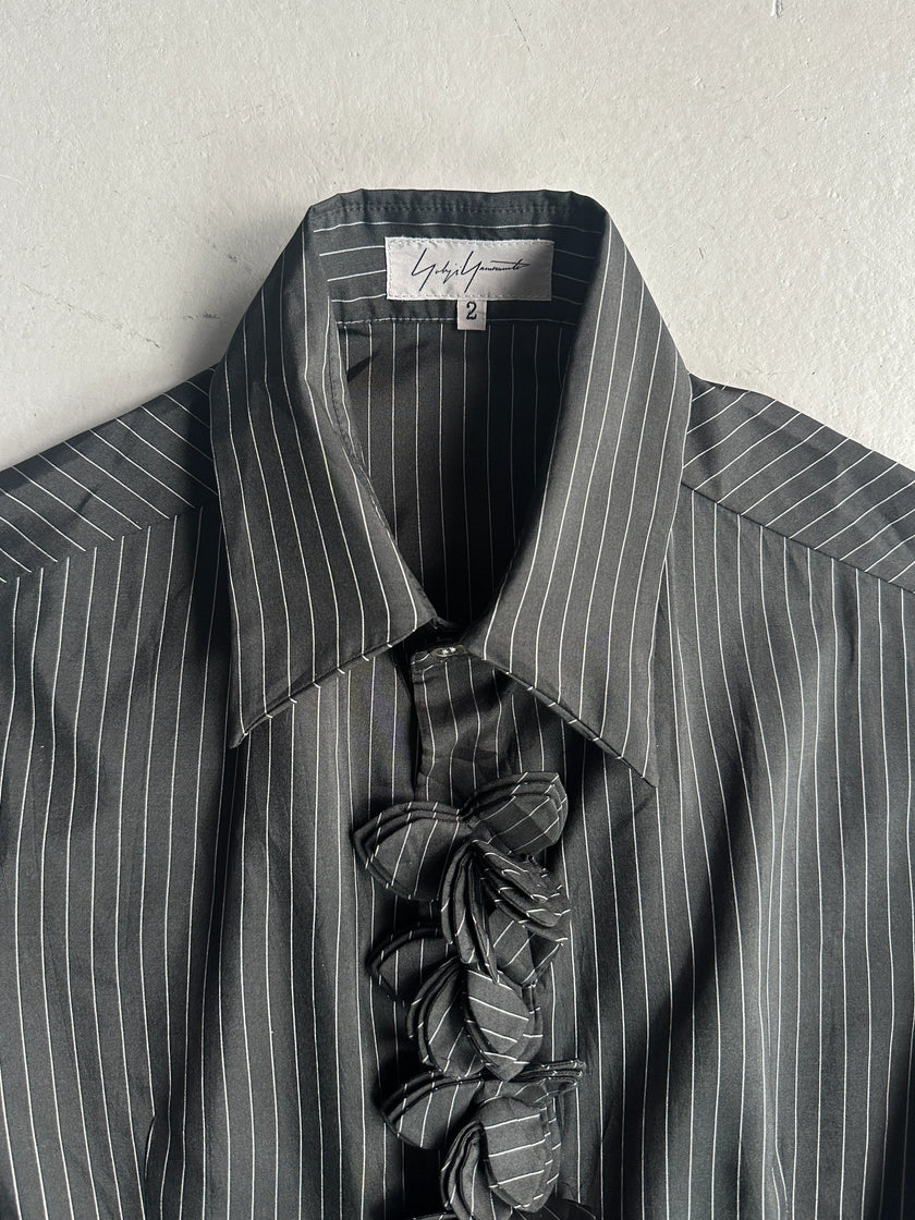 YOHJI YAMAMOTO - S/S 2003 PINSTRIPED SILK SHIRT WITH FLORAL RUFFLE DETAIL AT FRONT