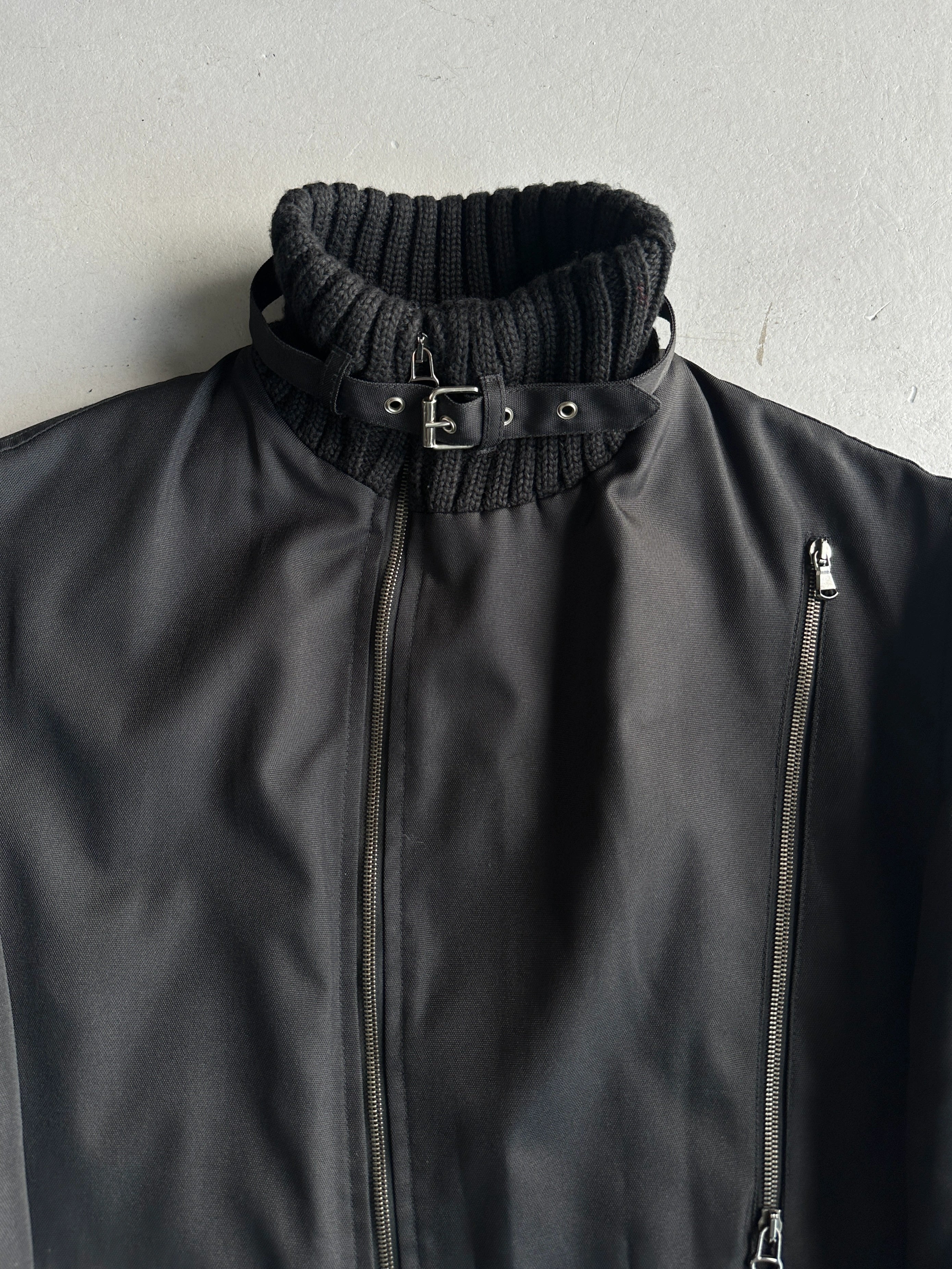 DANIELE ALESSANDRINI - 2000s RIBBED KNIT BELTED NECK COLLAR TECHNICAL JACKET WITH ASYMMETRICAL ZIP FRONT