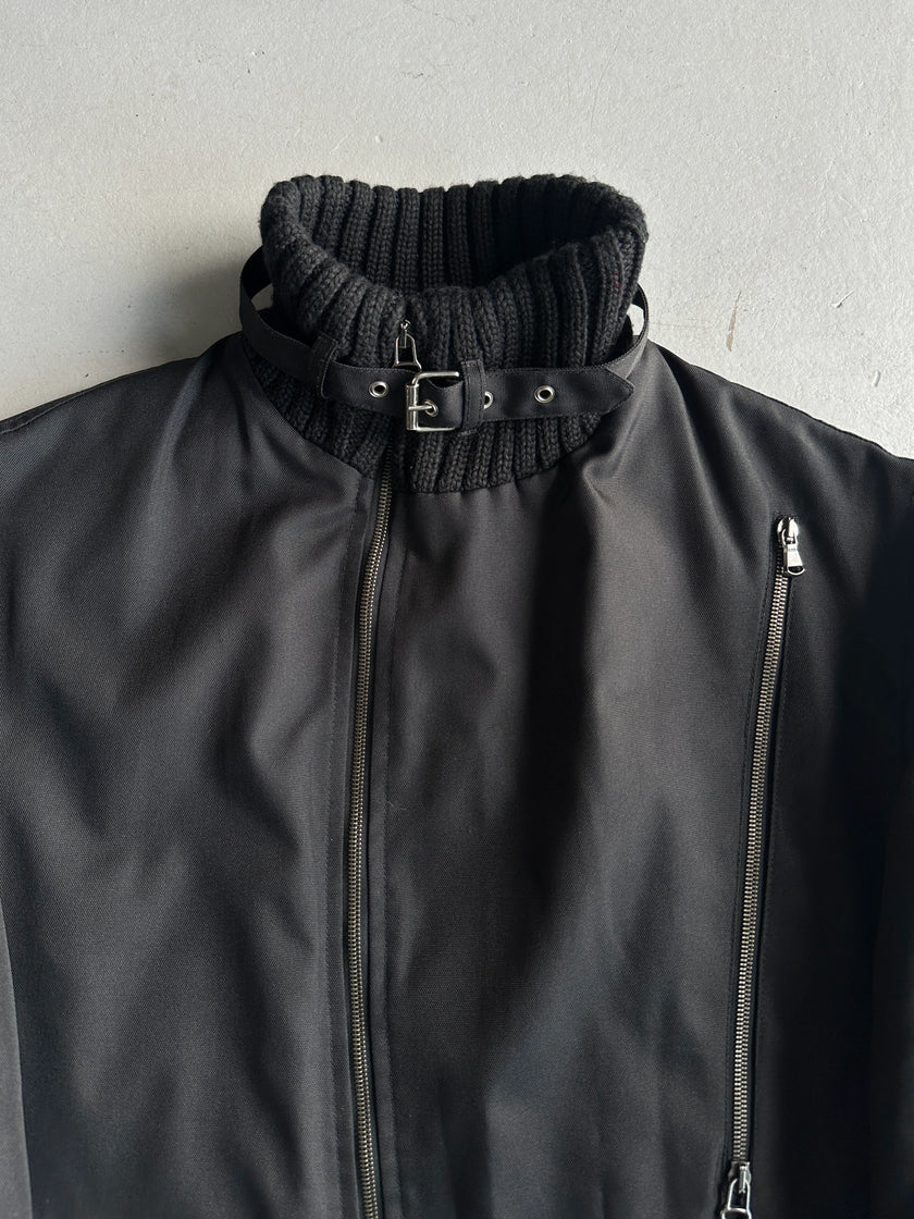 DANIELE ALESSANDRINI - 2000s RIBBED KNIT BELTED NECK COLLAR TECHNICAL JACKET WITH ASYMMETRICAL ZIP FRONT