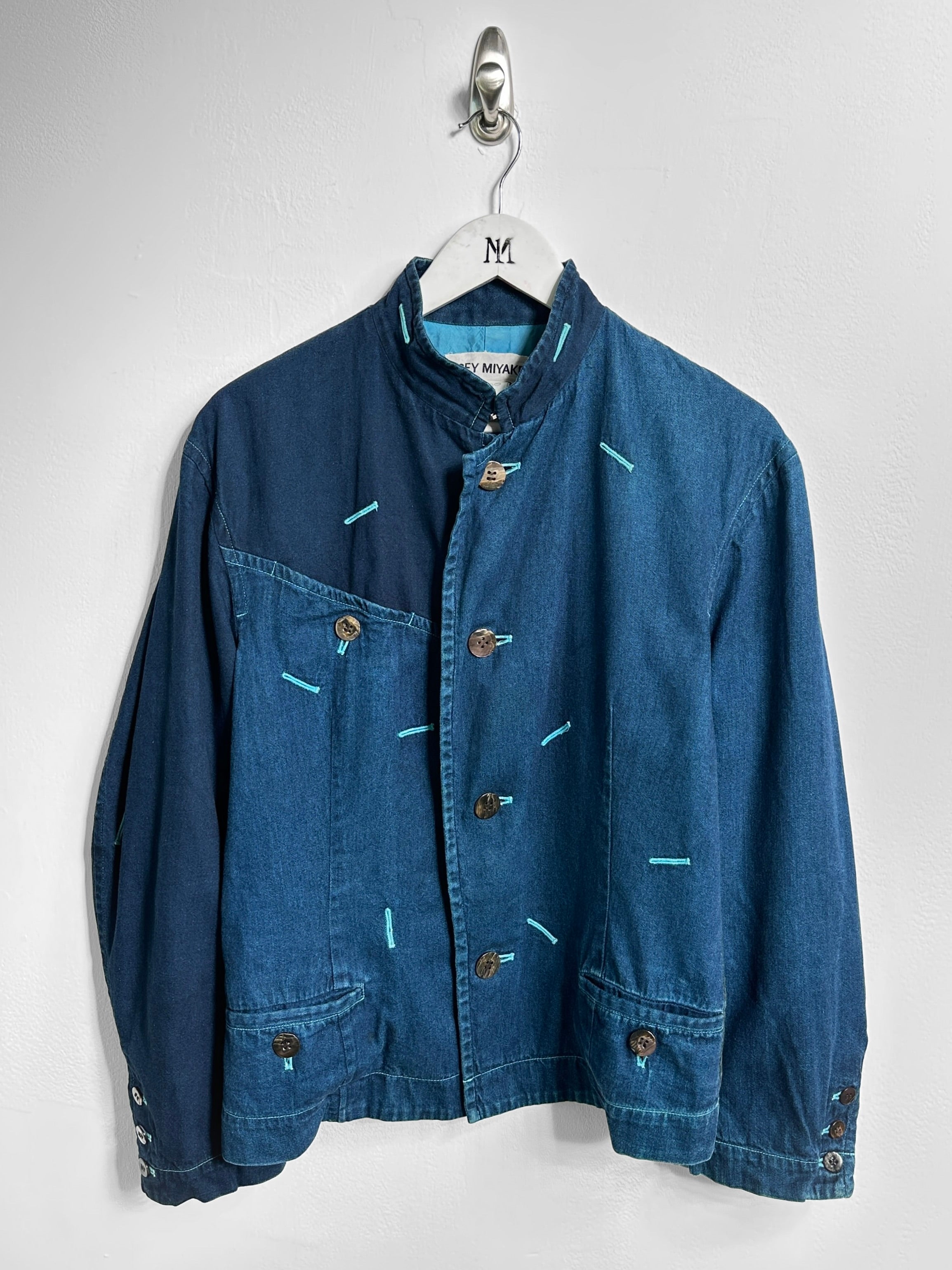 ISSEY MIYAKE - F/W 1993 PANELED DENIM JACKET WITH CONTRAST EMBROIDERED DETAILS ALL OVER