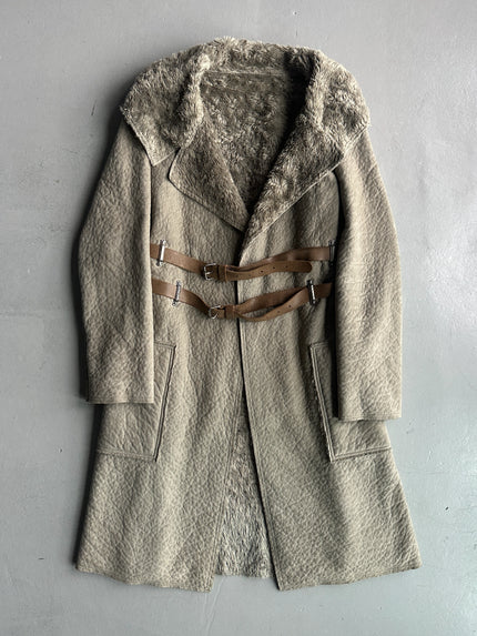 COP COPINE - 2000s RELAXED TEXTURED COAT WITH CROSSED DOUBLE LEATHER BELT